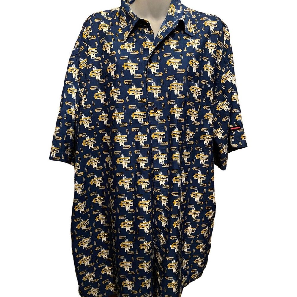 FUBU Sz XL Blue Logo Pattern Short Sleeve Button Up Shirt